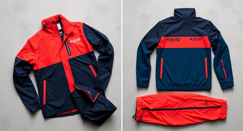 4-EVO red and navy wind shell jacket shown front and back with matching track pants
