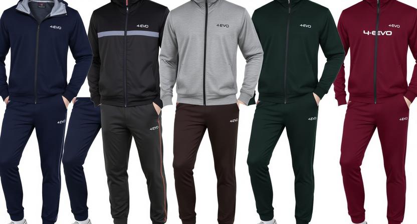 Five 4-EVO tracksuits in navy, black, grey, green and burgundy