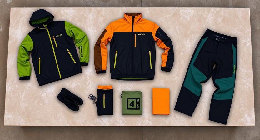 4-EVO softshell jackets, trail pants and packable accessories laid out on a stone bench